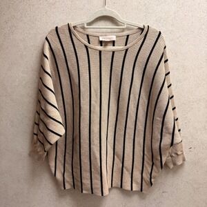 Philosophy 2X  Woman Beige Black Striped Ribbed Batwing Utility Preppy Sweater